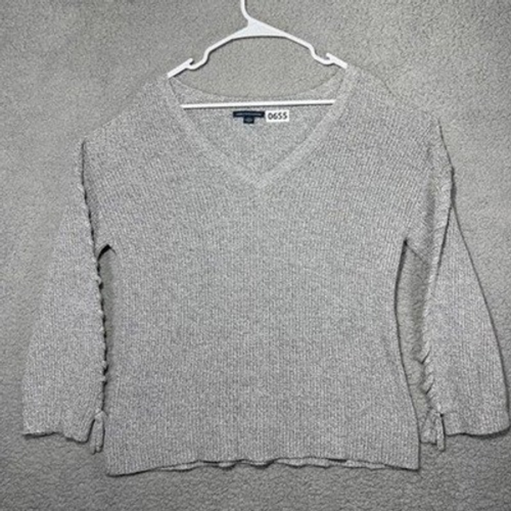 American Eagle Outfitters Sweater Womens Large Gray Lace Up Sleeve V-Neck Knit